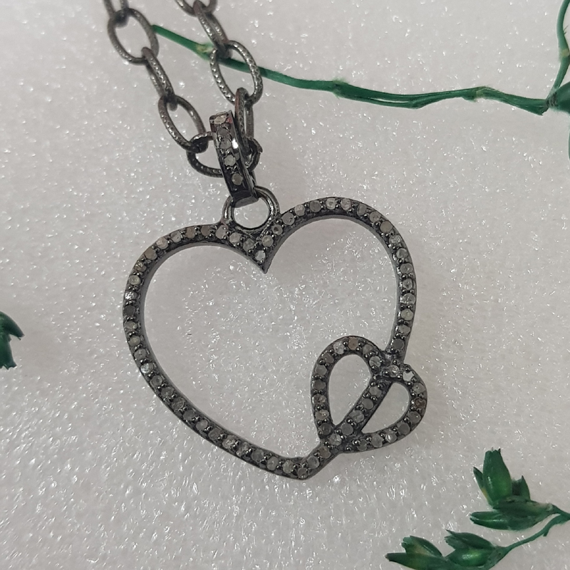 Stunning Heart Shape 925 Sterling Pave Diamond Black Pendent