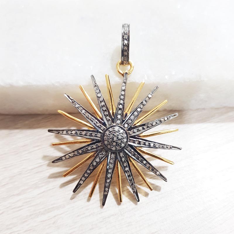 Large Sunburst 925 Sterling Silver Handmade pave Diamond Pendant