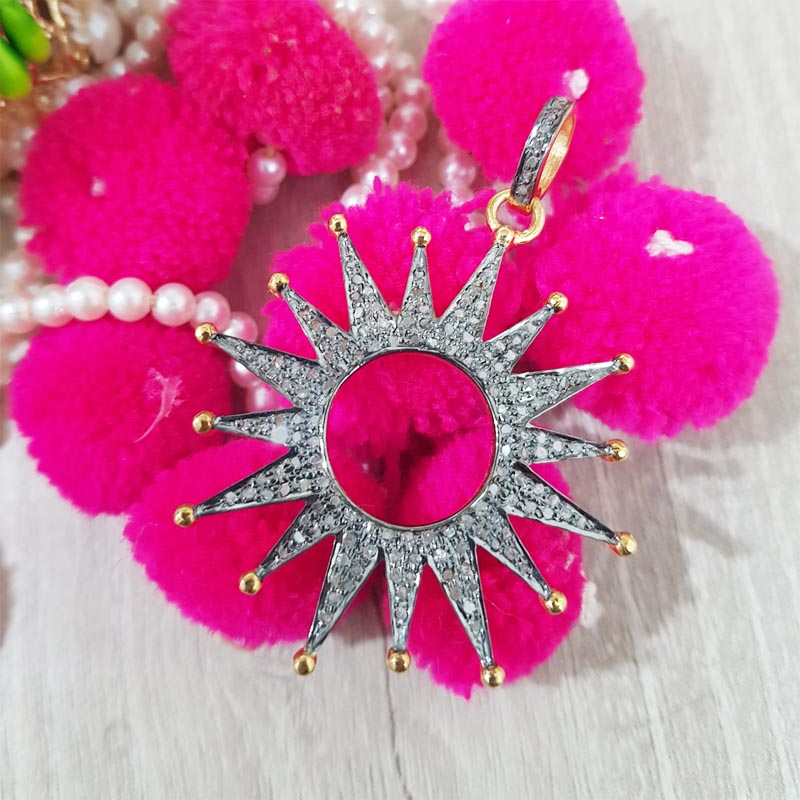 Handmade Designer Pave Diamond 925 Sterling Silver Starburst Pendant