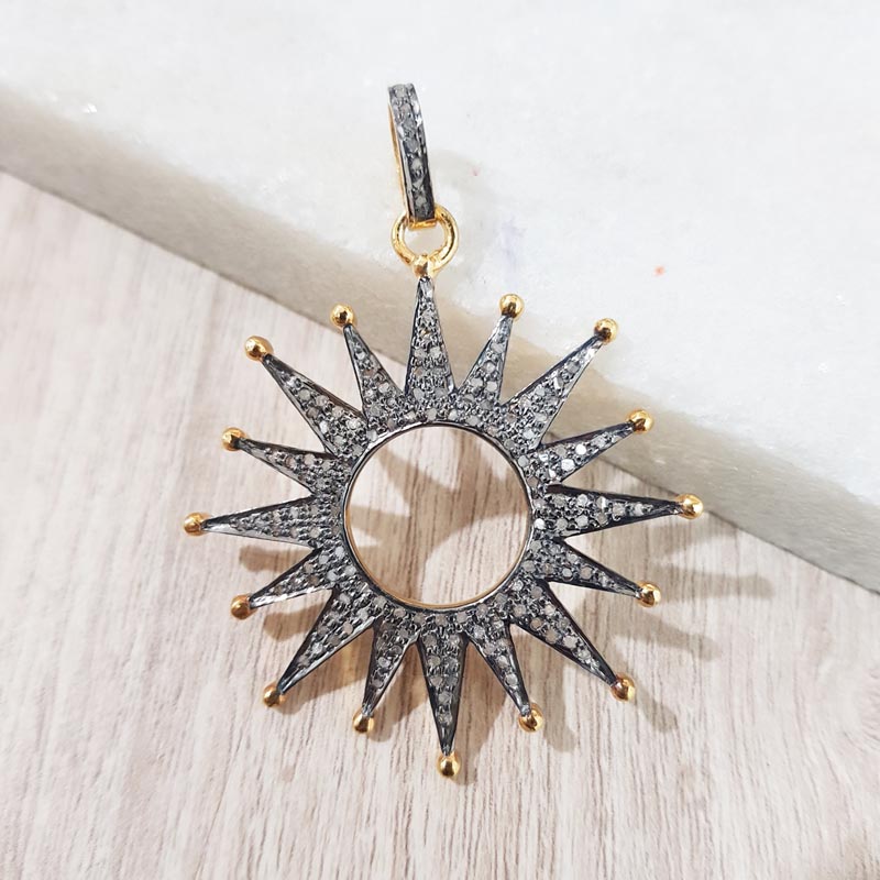 Handmade Designer Pave Diamond 925 Sterling Silver Starburst Pendant