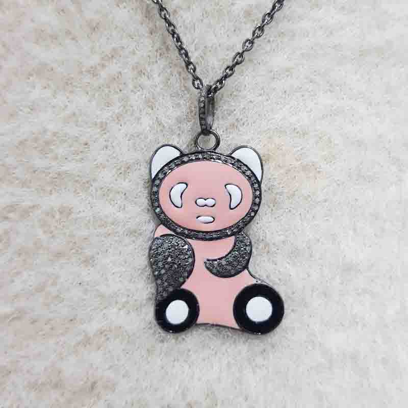 Lovely Teddy Bear Designed Pave Diamond With Enamel Pendent