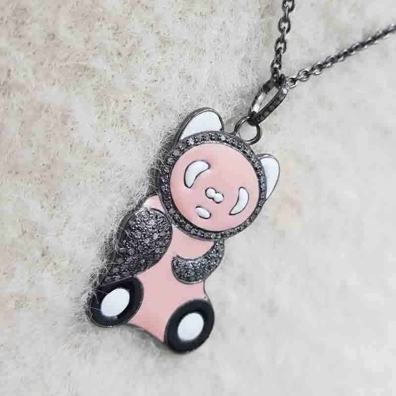 Lovely Teddy Bear Designed Pave Diamond With Enamel Pendent