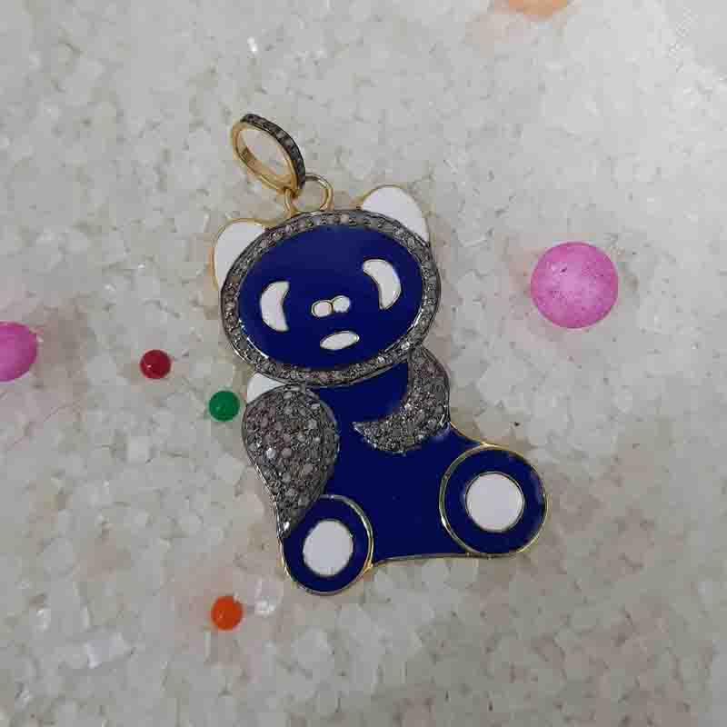 Lovely Teddy Bear Designed Pave Diamond With Enamel Pendent