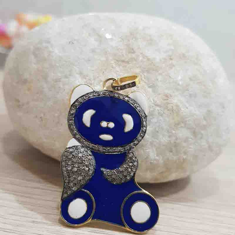 Lovely Teddy Bear Designed Pave Diamond With Enamel Pendent