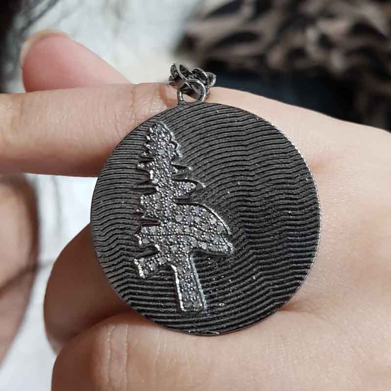 Round Disk Designer With Pave Diamond Tree Pendent