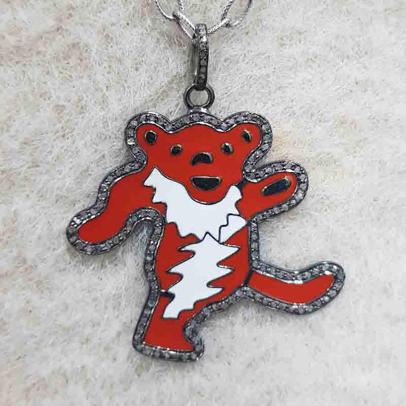 Beautiful Bear Pendent Pave Diamond 925 Sterling Silver With Graceful Enamel