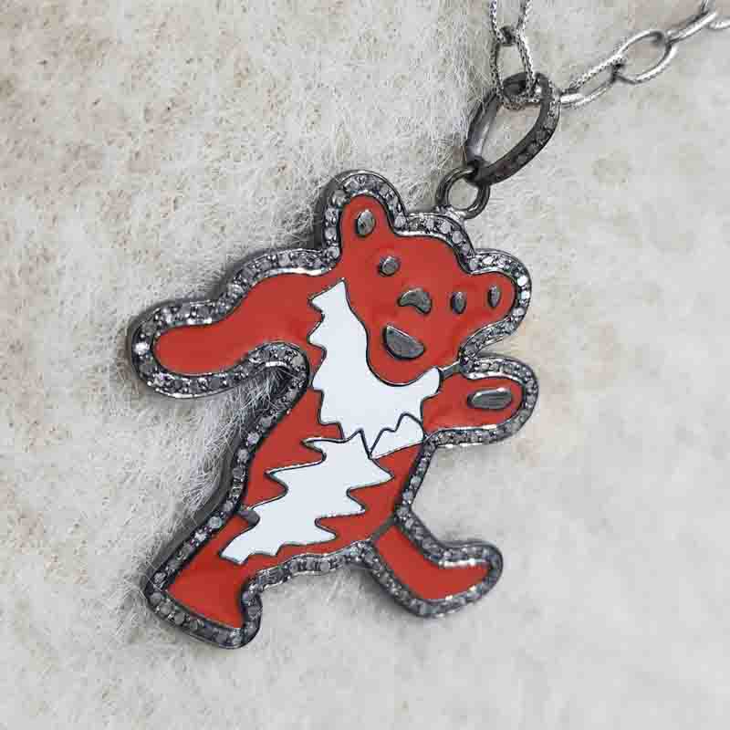 Beautiful Bear Pendent Pave Diamond 925 Sterling Silver With Graceful Enamel