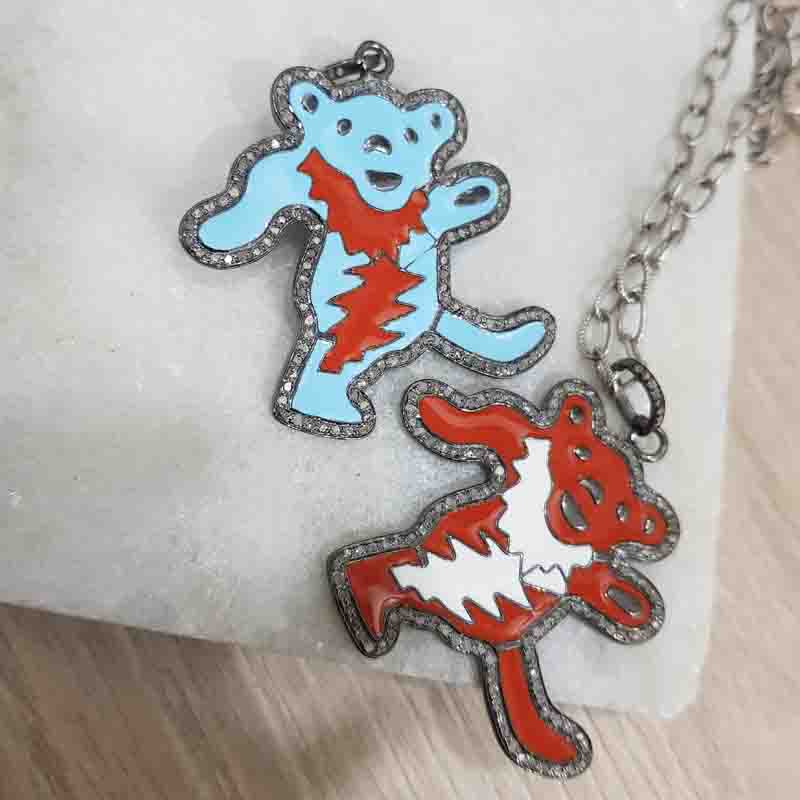 Beautiful Bear Pendent Pave Diamond 925 Sterling Silver With Graceful Enamel