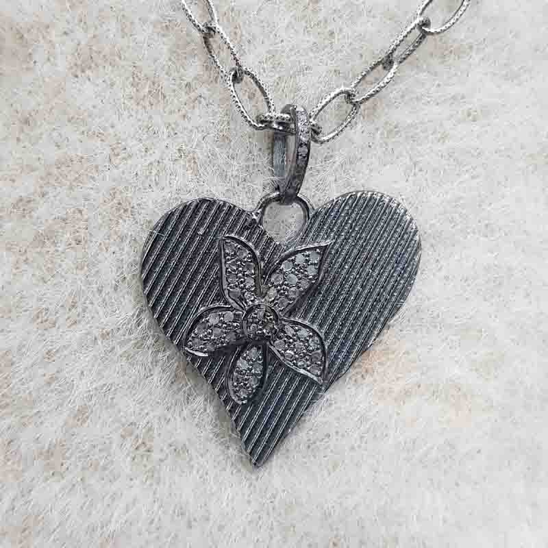 Beautiful Heart Pendent With Pave Diamond Flower Pendent