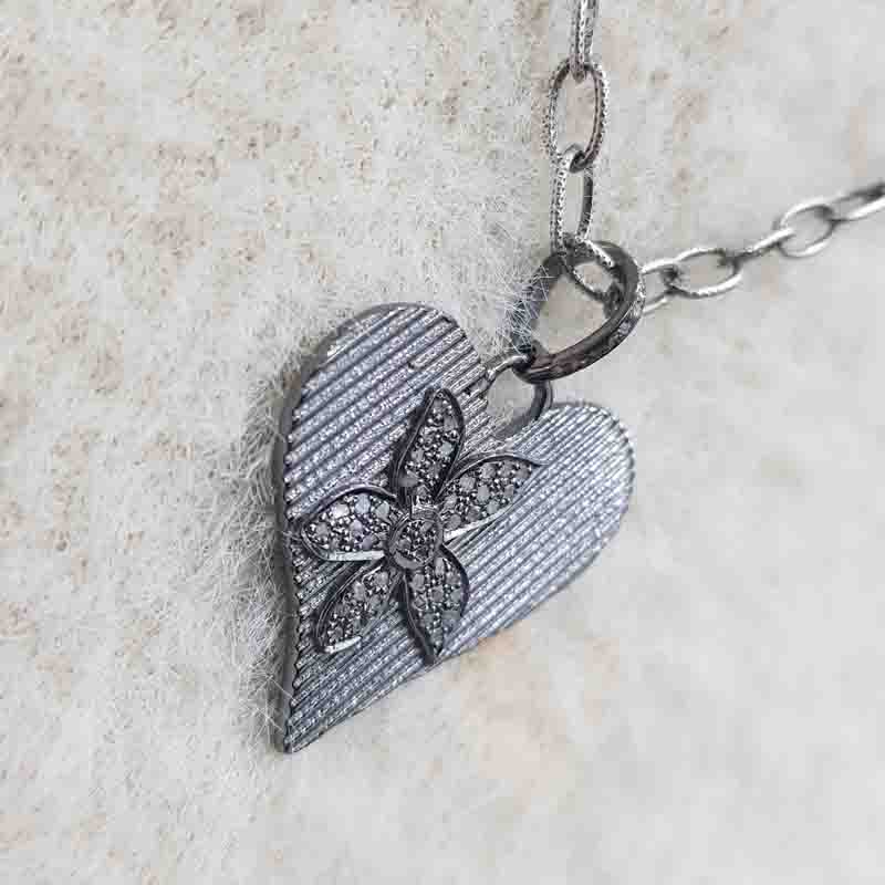 Beautiful Heart Pendent With Pave Diamond Flower Pendent