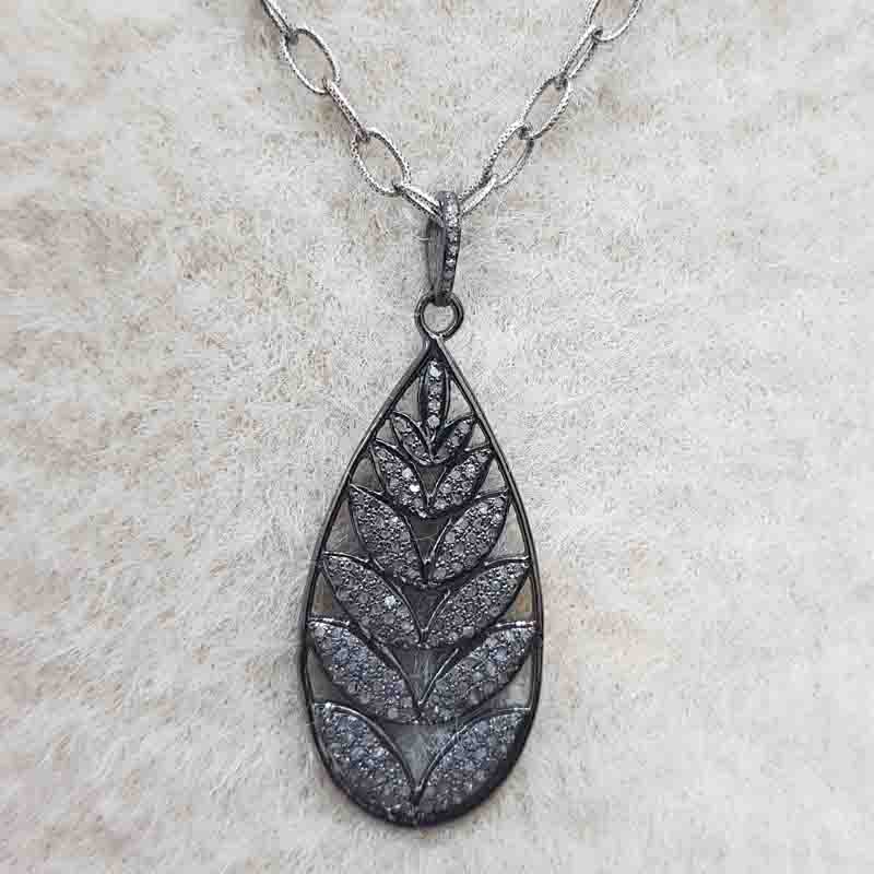 925 Sterling Silver Fancy Designer Leaf Style Pave Diamond Pendent