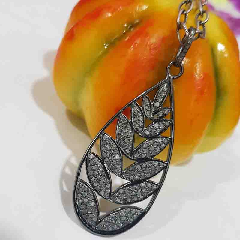 925 Sterling Silver Fancy Designer Leaf Style Pave Diamond Pendent