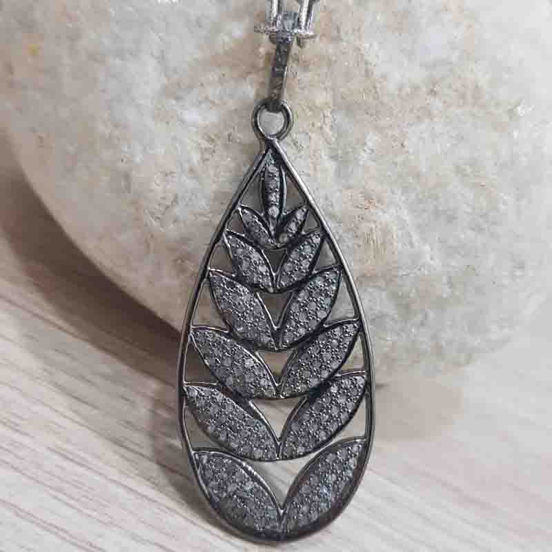 925 Sterling Silver Fancy Designer Leaf Style Pave Diamond Pendent