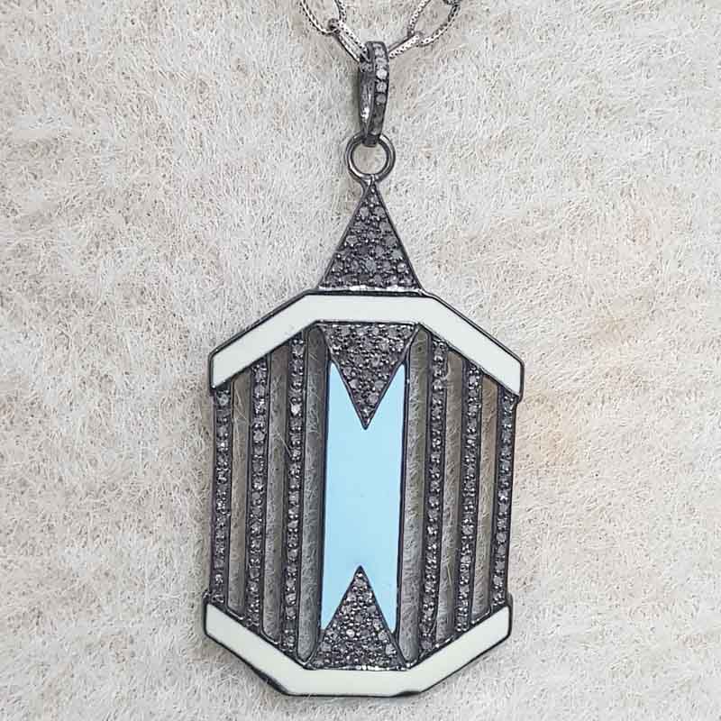 Turquoise Enamal With Graceful Pave Diamond Layers Silver Tag pendent