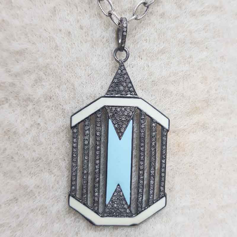 Turquoise Enamal With Graceful Pave Diamond Layers Silver Tag pendent