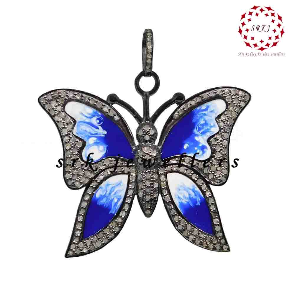 Antique Finish Designer Enamal Butterfly Pave Diamond Silver Pendent