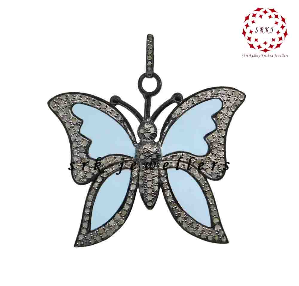 Antique Finish Designer Enamal Butterfly Pave Diamond Silver Pendent