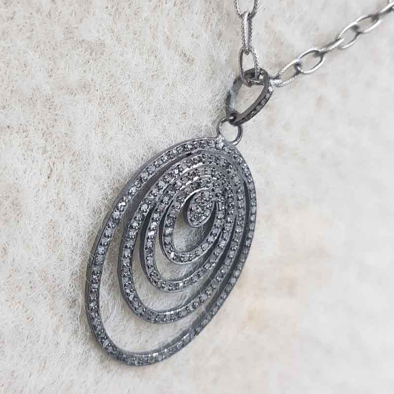 4 Layer Of Pave Diamond Oval Style Silver Pendant