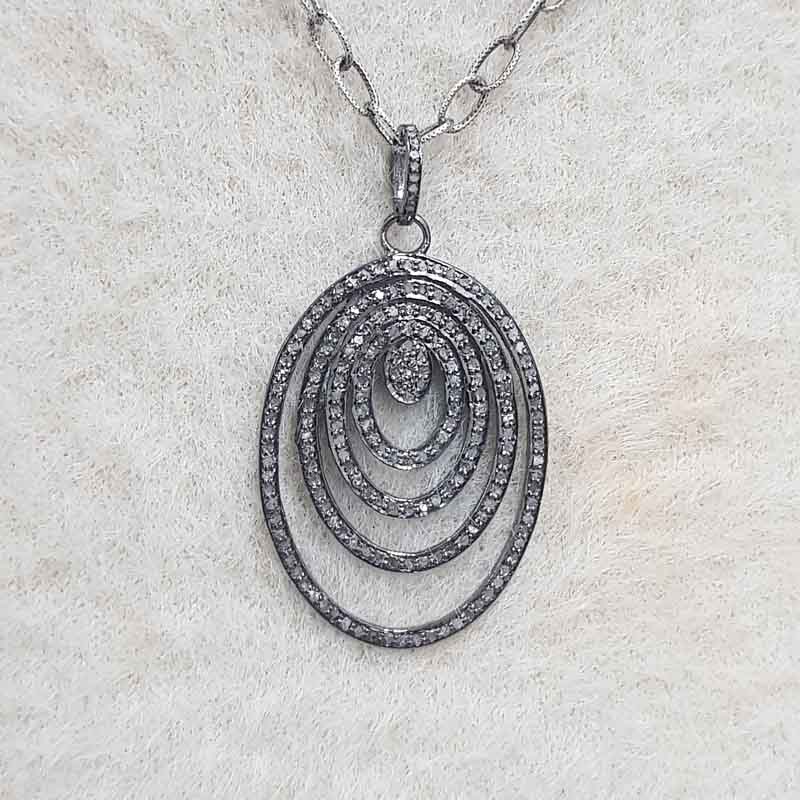 4 Layer Of Pave Diamond Oval Style Silver Pendant