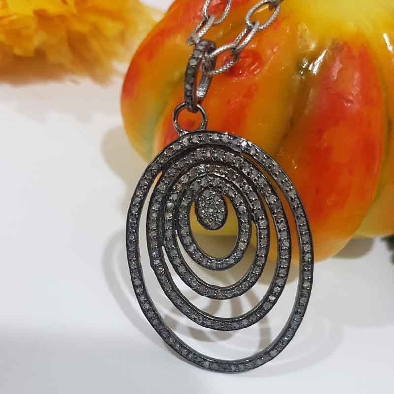 4 Layer Of Pave Diamond Oval Style Silver Pendant