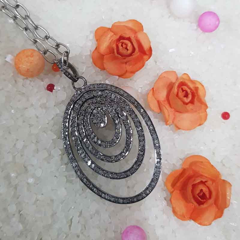 4 Layer Of Pave Diamond Oval Style Silver Pendant