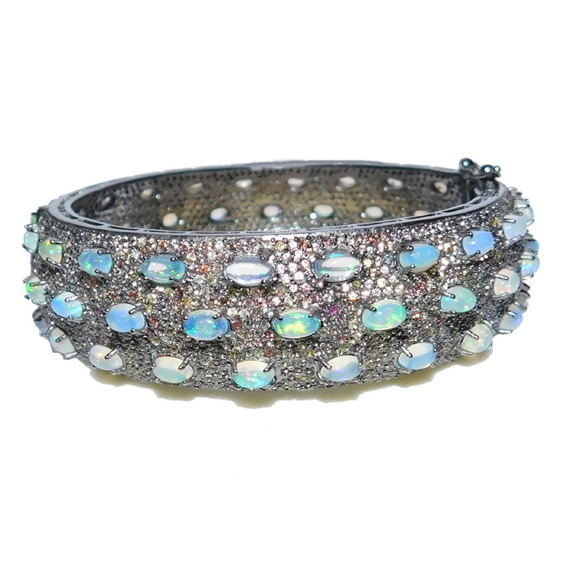 925 Sterling Silver Opal Stone & Multi Sapphire  Bangle