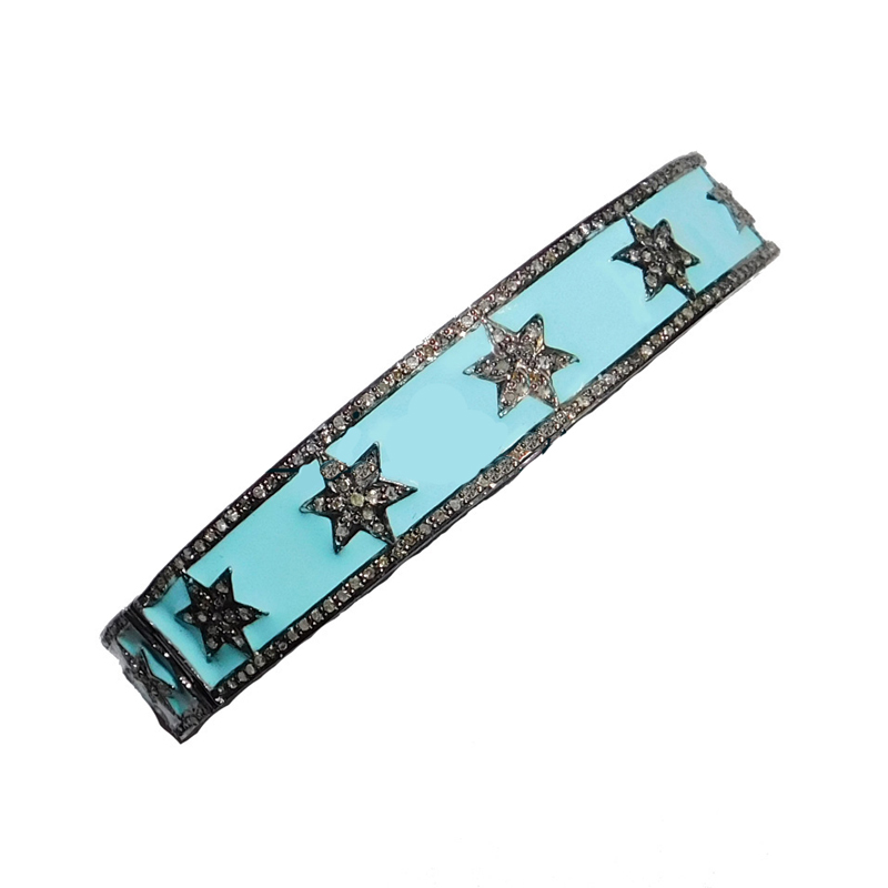 Turquoise Enamel Star Design 925 Sterling Silver Bangle