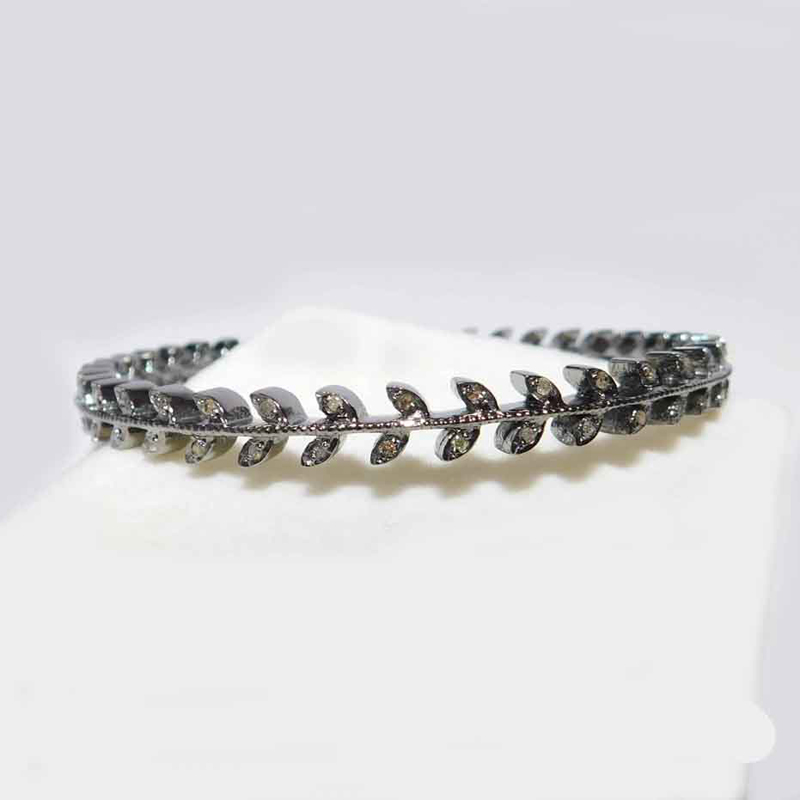 925 Sterling Silver Leaf design Pave Diamond Bracelet