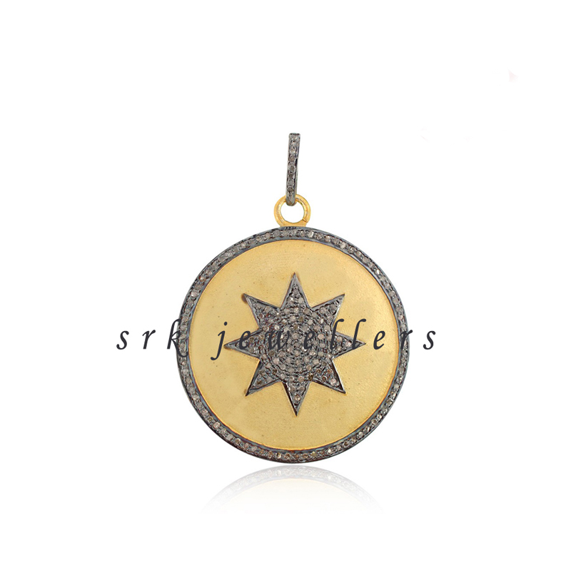 Round Yellow 925 Sterling Silver Handmade Pave Diamond Designer Star Pendent