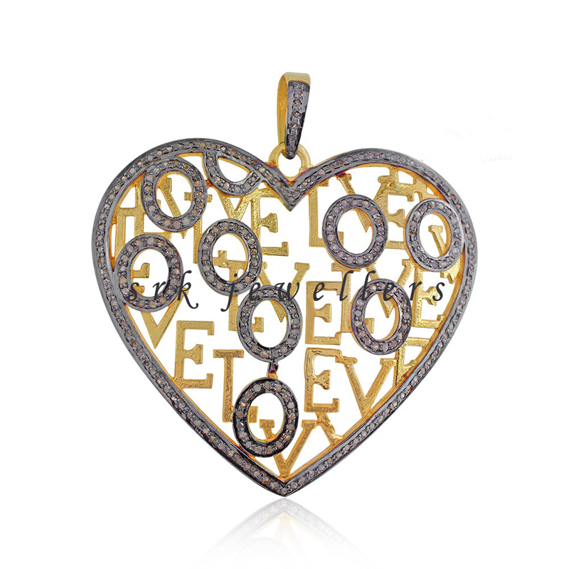 Two Tone Fancy Designer 925 Sterling Silver Pave Diamond Heart Pendant