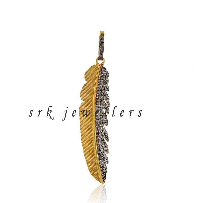 Yellow Matte 925 Sterling Silver Handmade Pave Diamond Designer Leaf Pendent