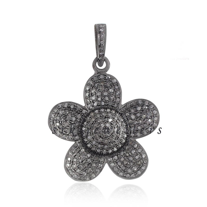 Handmade Designer Pave Diamond 925 Sterling Silver Flower Pendent