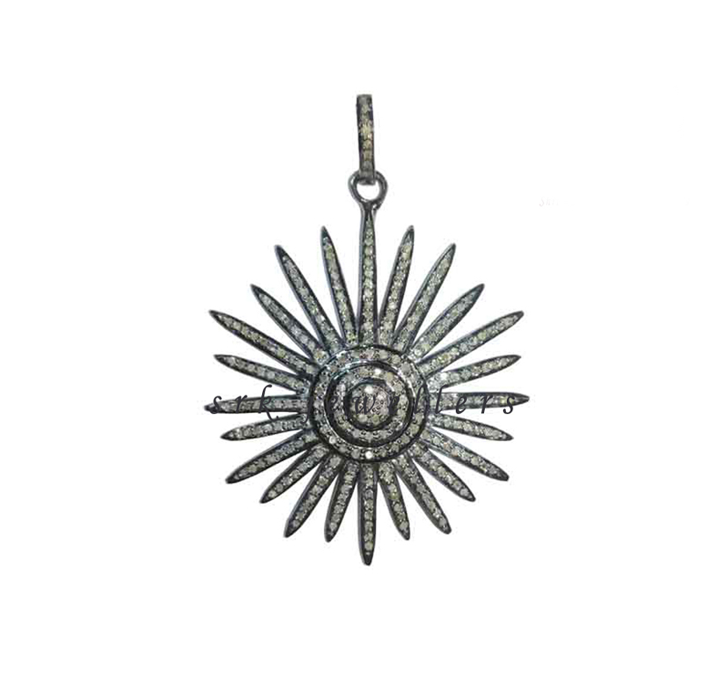 925 Sterling Silver Pave Diamond Handmade Designer Sunburst Pendent