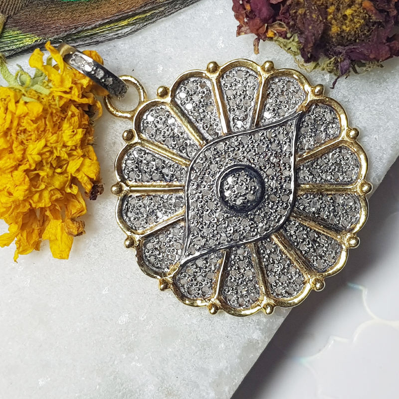 Beautiful Designed Pave Diamond Handmade Flower Pendant With Evil Eye