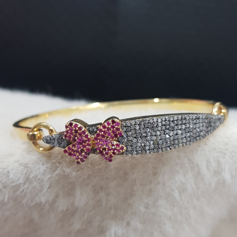 Pave Diamond 925 Sterling Silver Bangle With Beautiful Ruby Butterfly