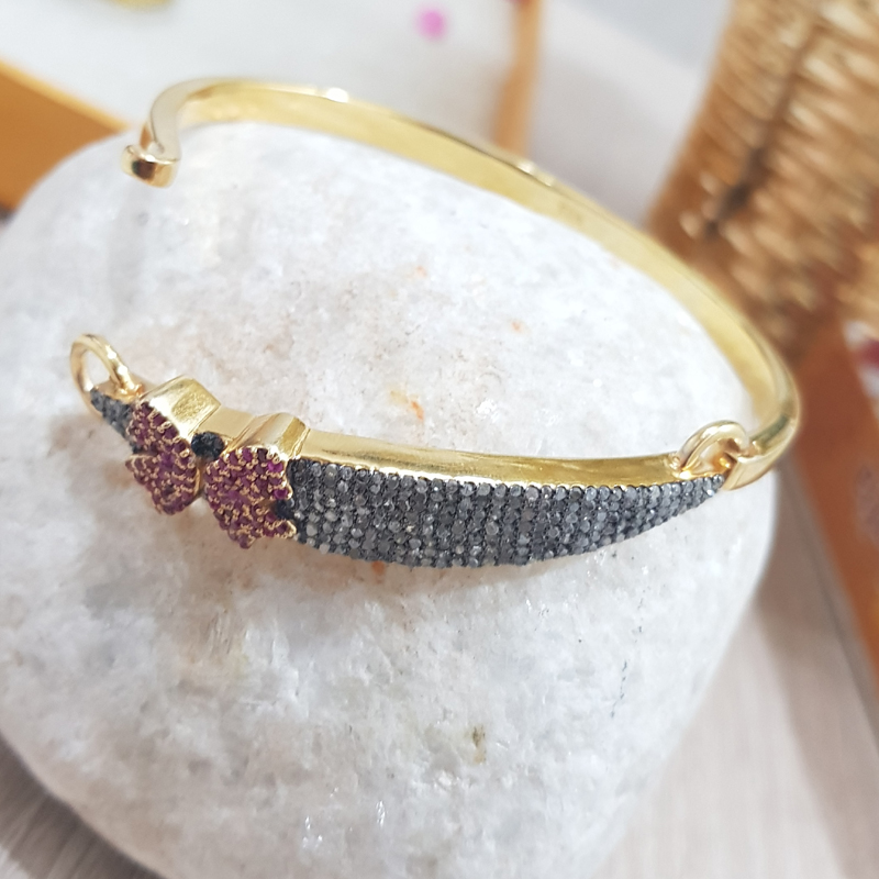 Pave Diamond 925 Sterling Silver Bangle With Beautiful Ruby Butterfly