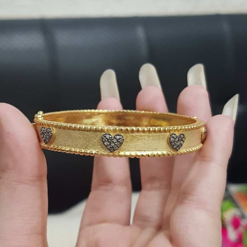 Yellow And Black Beautifully Designed Bangle With Little Pave Hearts