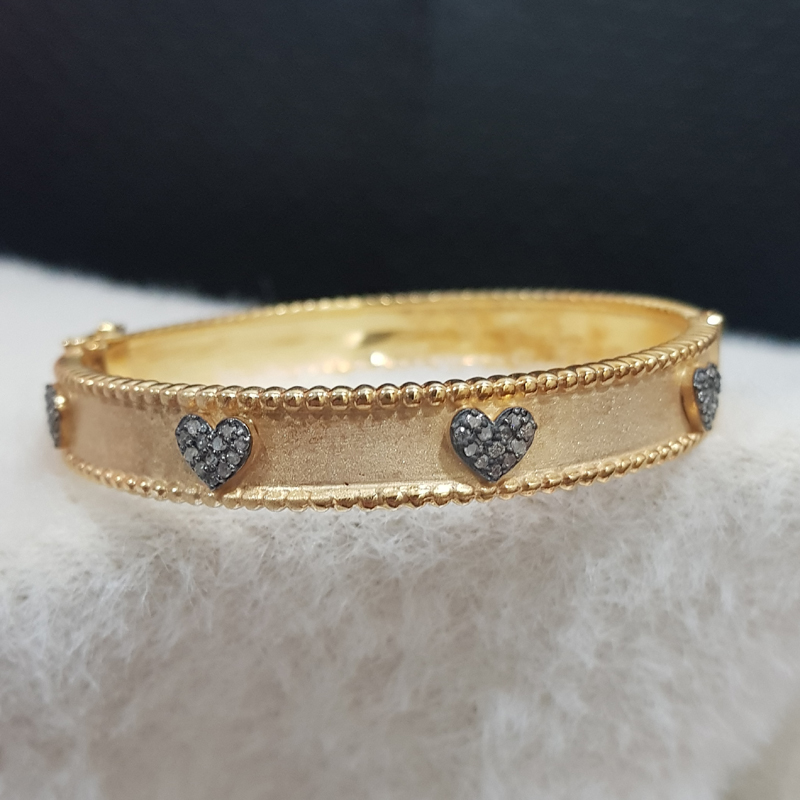 Yellow And Black Beautifully Designed Bangle With Little Pave Hearts