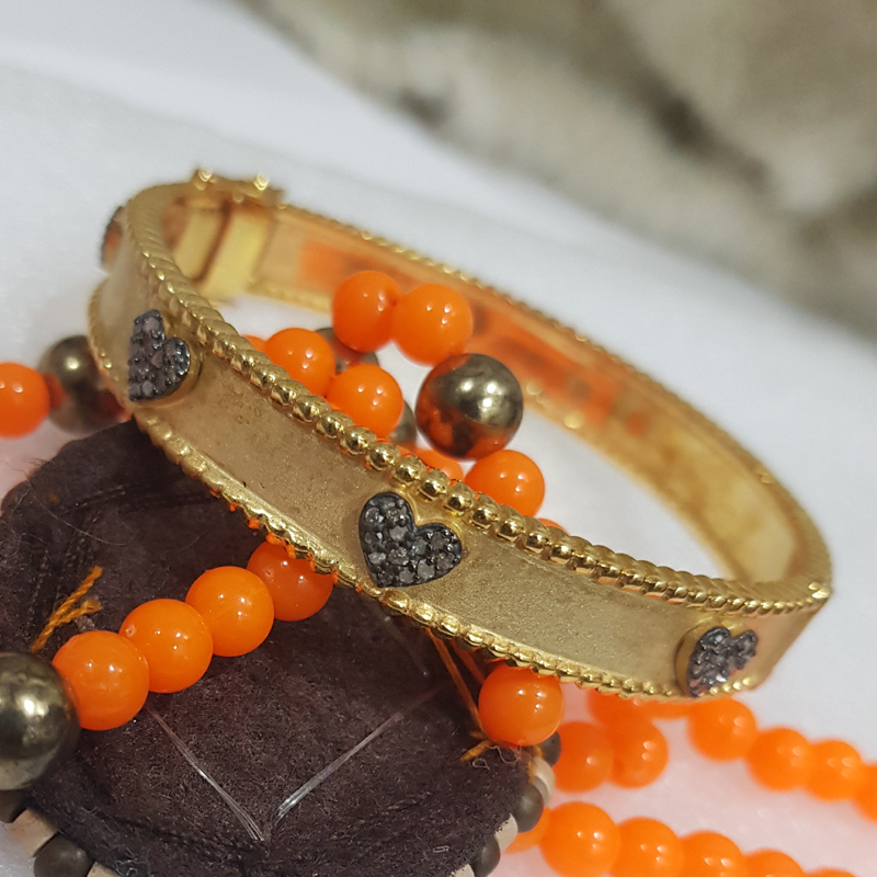 Yellow And Black Beautifully Designed Bangle With Little Pave Hearts