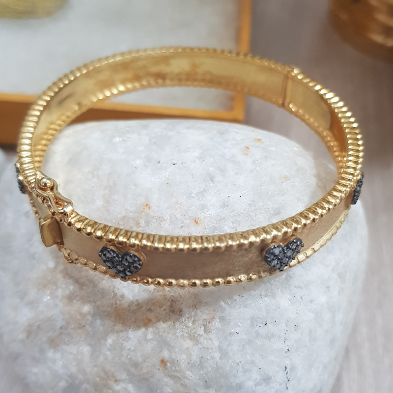 Yellow And Black Beautifully Designed Bangle With Little Pave Hearts