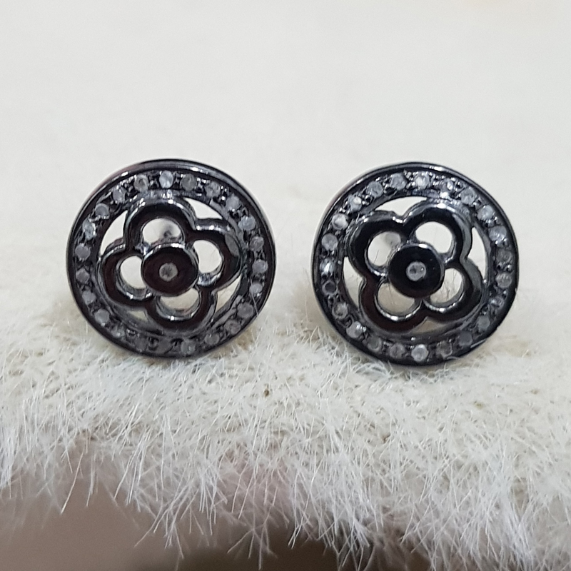 Black Beautiful Flower Style Pave Diamond Stud Earrings