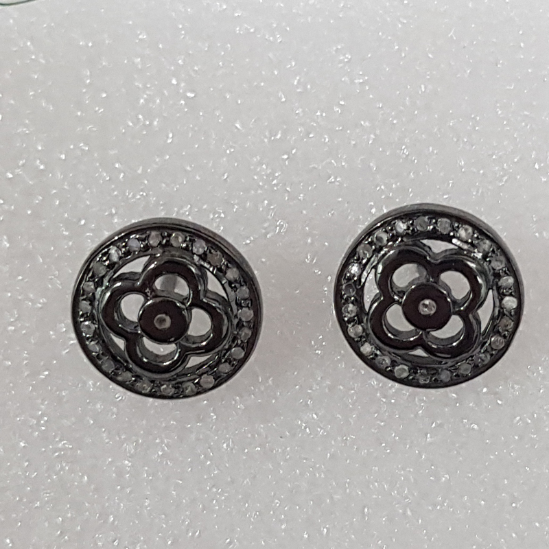 Black Beautiful Flower Style Pave Diamond Stud Earrings