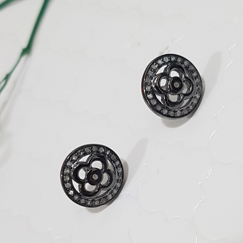 Black Beautiful Flower Style Pave Diamond Stud Earrings