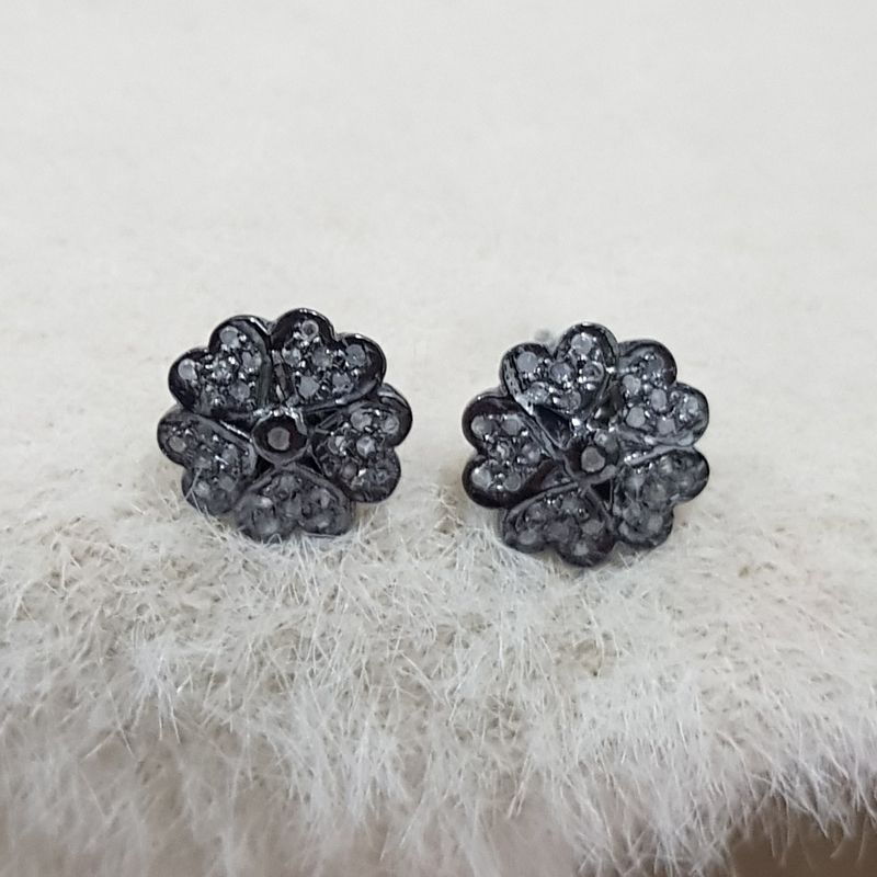 Black Beautiful Pave Diamond Flower Stud