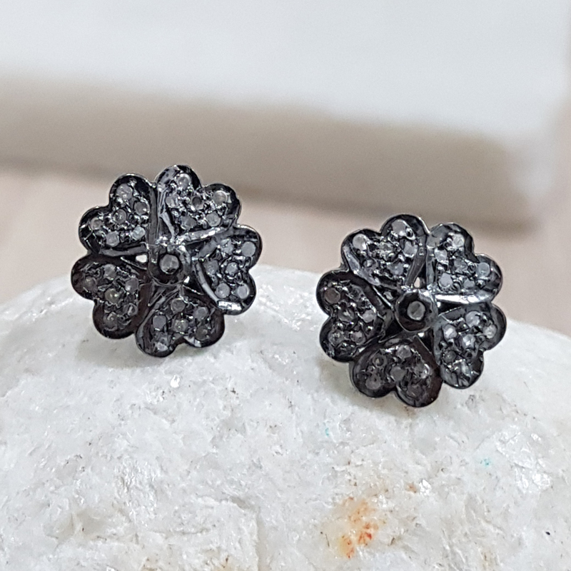 Black Beautiful Pave Diamond Flower Stud