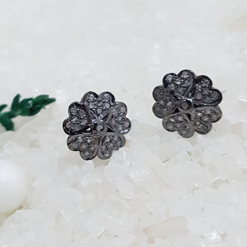 Black Beautiful Pave Diamond Flower Stud