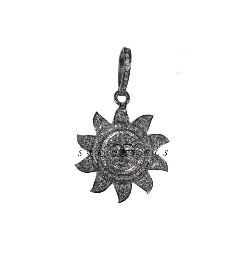 Designer Pave Diamond Handmade 925 Sterling Silver Small Sunburst Pendent