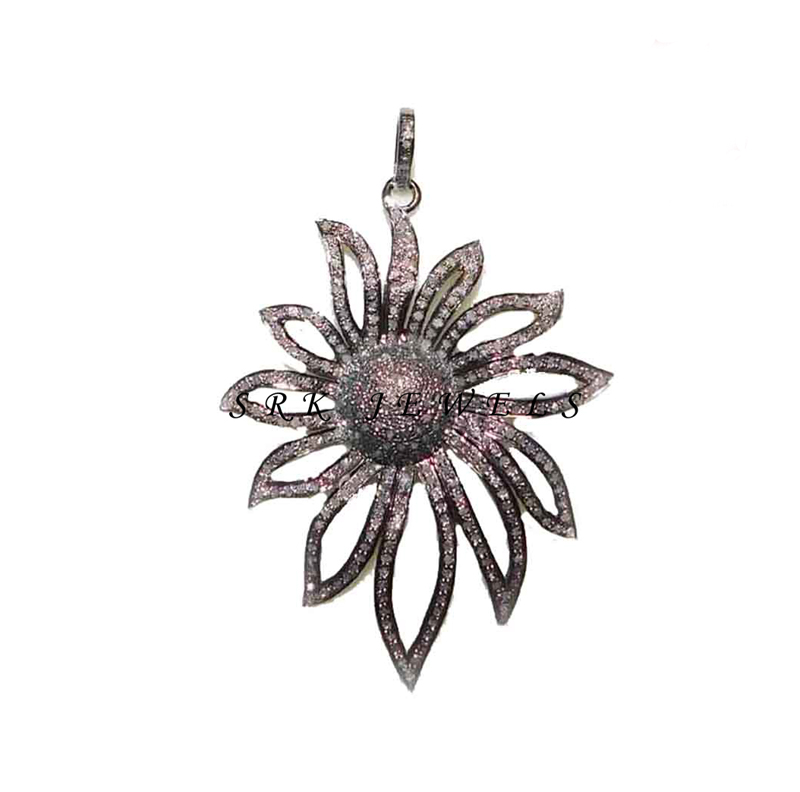 Designer Pave Diamond Handmade 925 Sterling Silver Flower Pendent