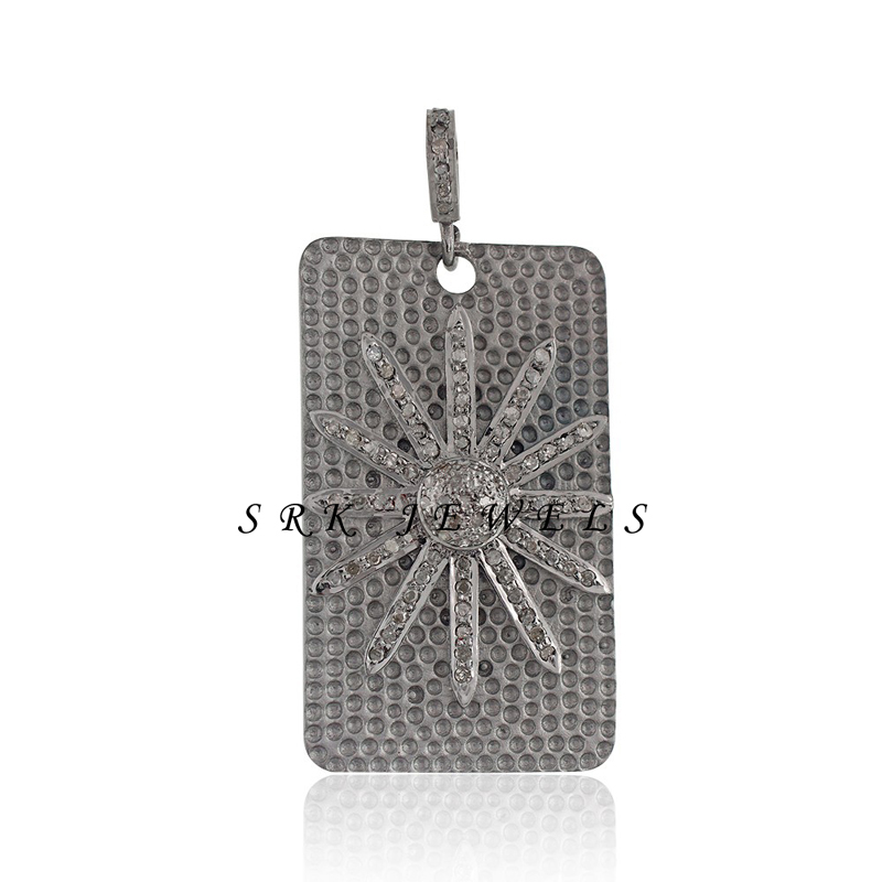 Matte Finish Pave Diamond Designer Flower Dog Tag Pendent