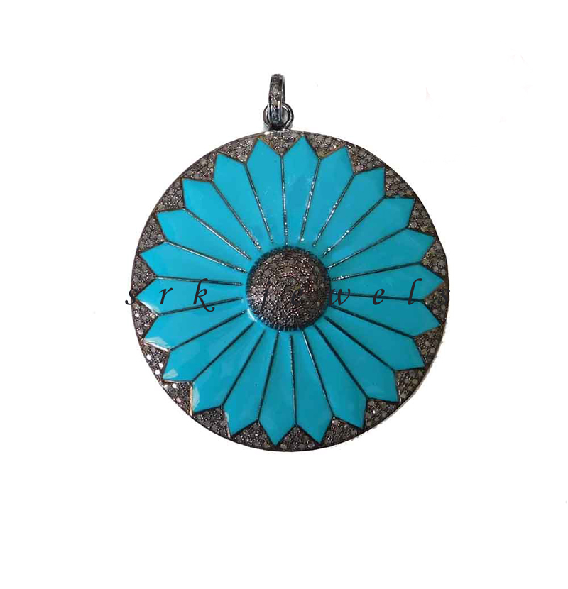 Round 925 Sterling Silver Handmade Pave Diamond Turquoise Enamel Flower Pendent